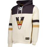 Cream and navy blue Vegas Golden Knights vintage hockey stripe hoodie with V logo