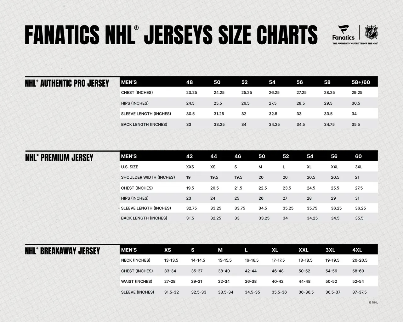 Fanatics Size Charts Vegas Team Store