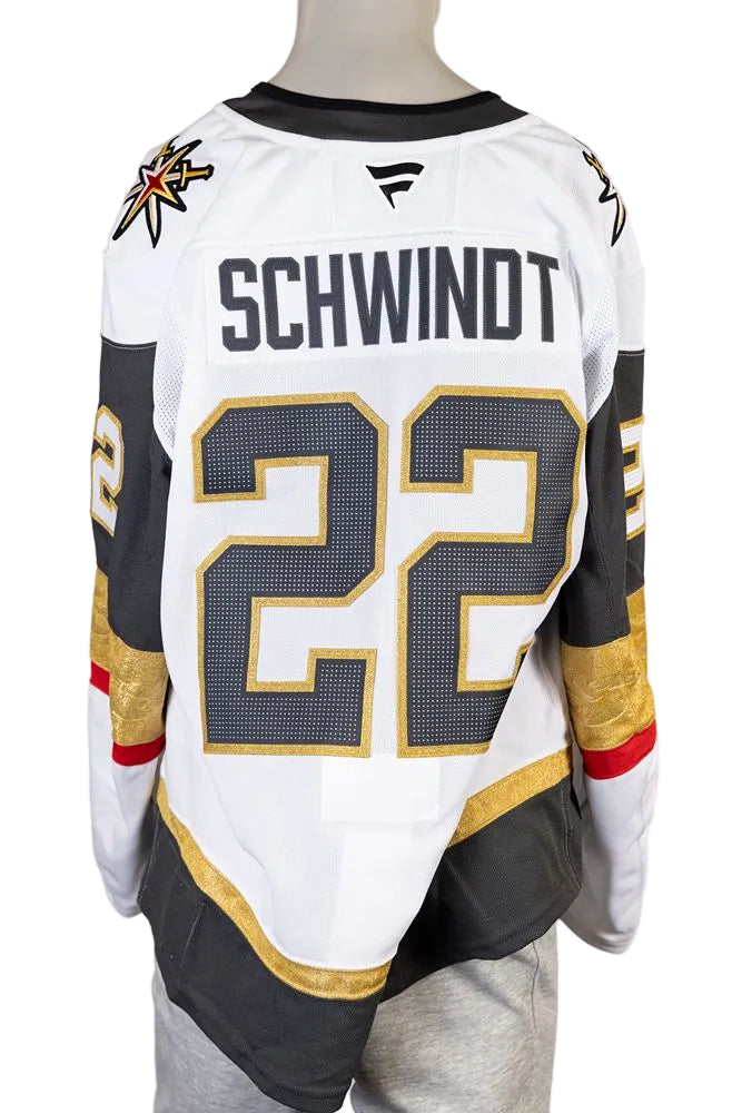 Game-Worn: #22 Cole Schwindt 2025 White Preseason Set Jersey- 20060 - Vegas Team Store