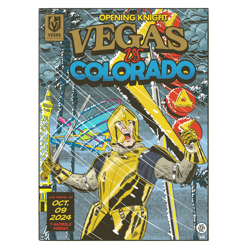 Comic book cover poster features a golden knight for VGK Opening Knight event