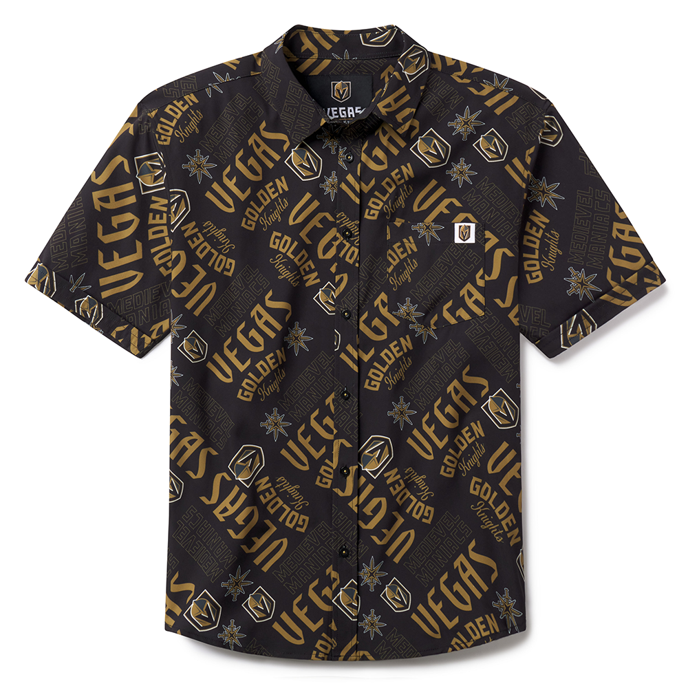 Short-sleeved Vegas Golden Knight Repeat Print Button-Up Shirt in gold and black pattern