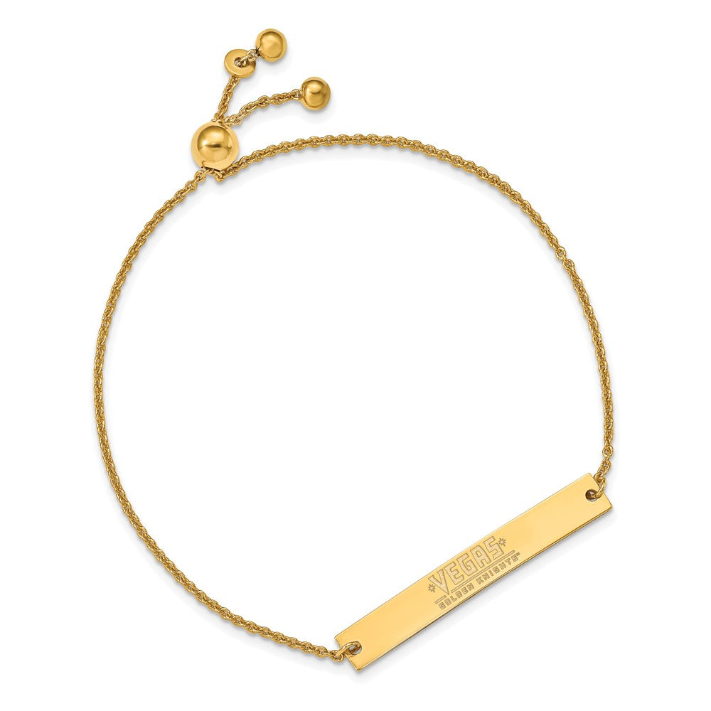 Gold adjustable bracelet with rectangular bar pendant for Vegas Golden Knights fans