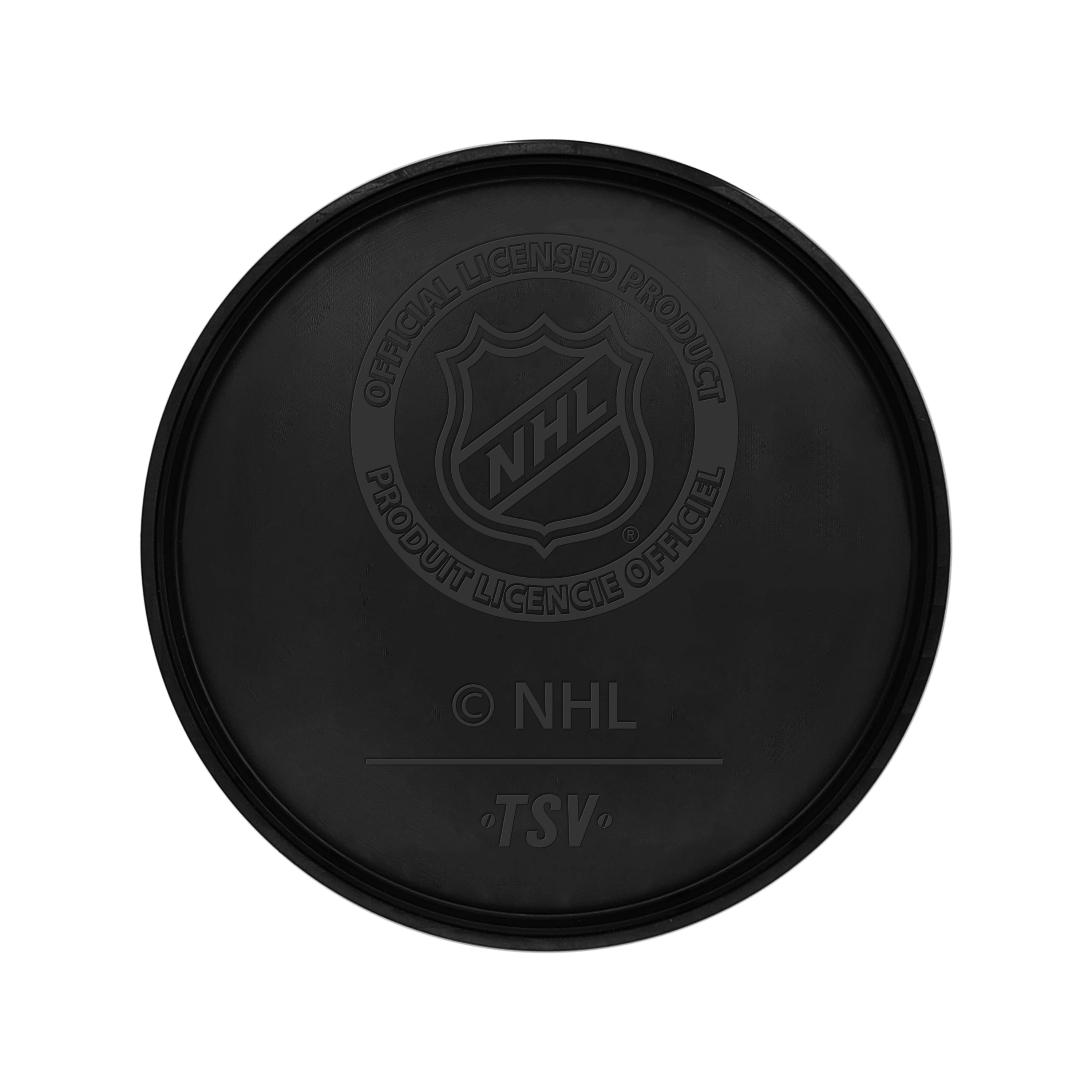 Black hockey puck with NHL logo, part of Vegas Golden Knights merchandise