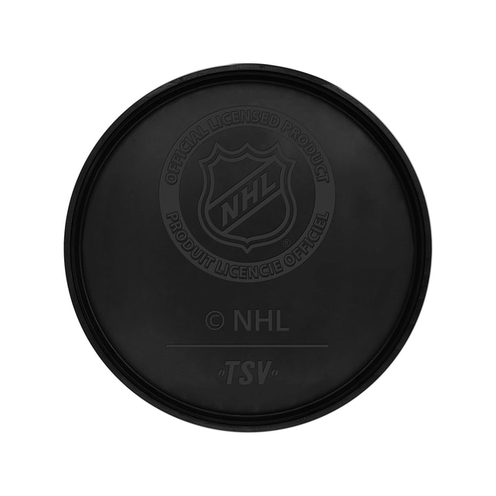 Black hockey puck with NHL logo, part of Vegas Golden Knights merchandise