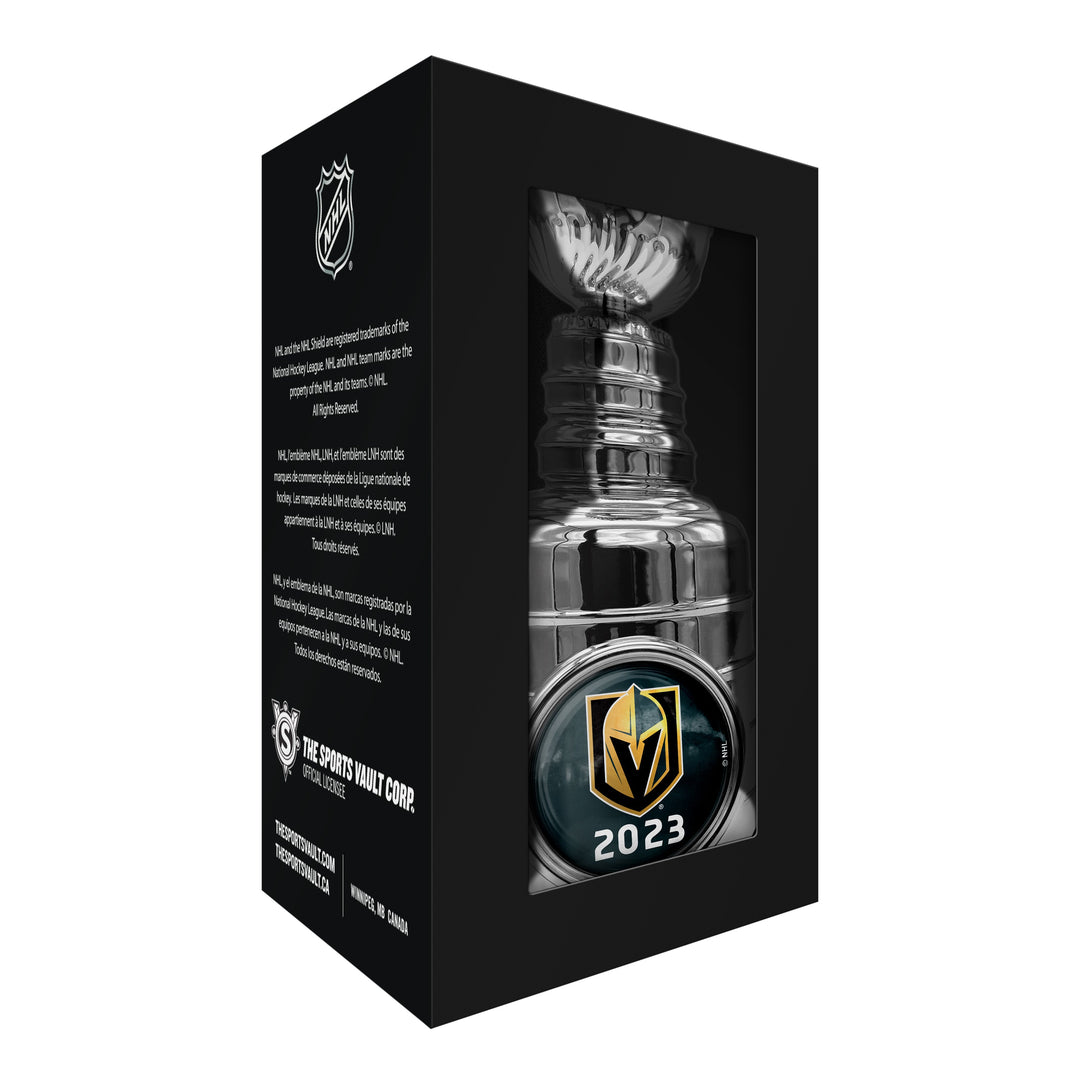 Replica Stanley Cup trophy featuring Vegas Golden Knights logo and 2023 display box