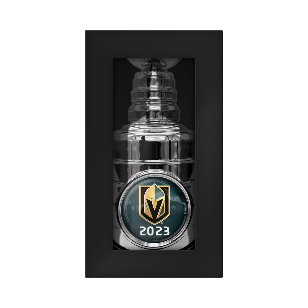 Glass bottle with Vegas Golden Knights 2023 logo for Stanley Cup merchandise