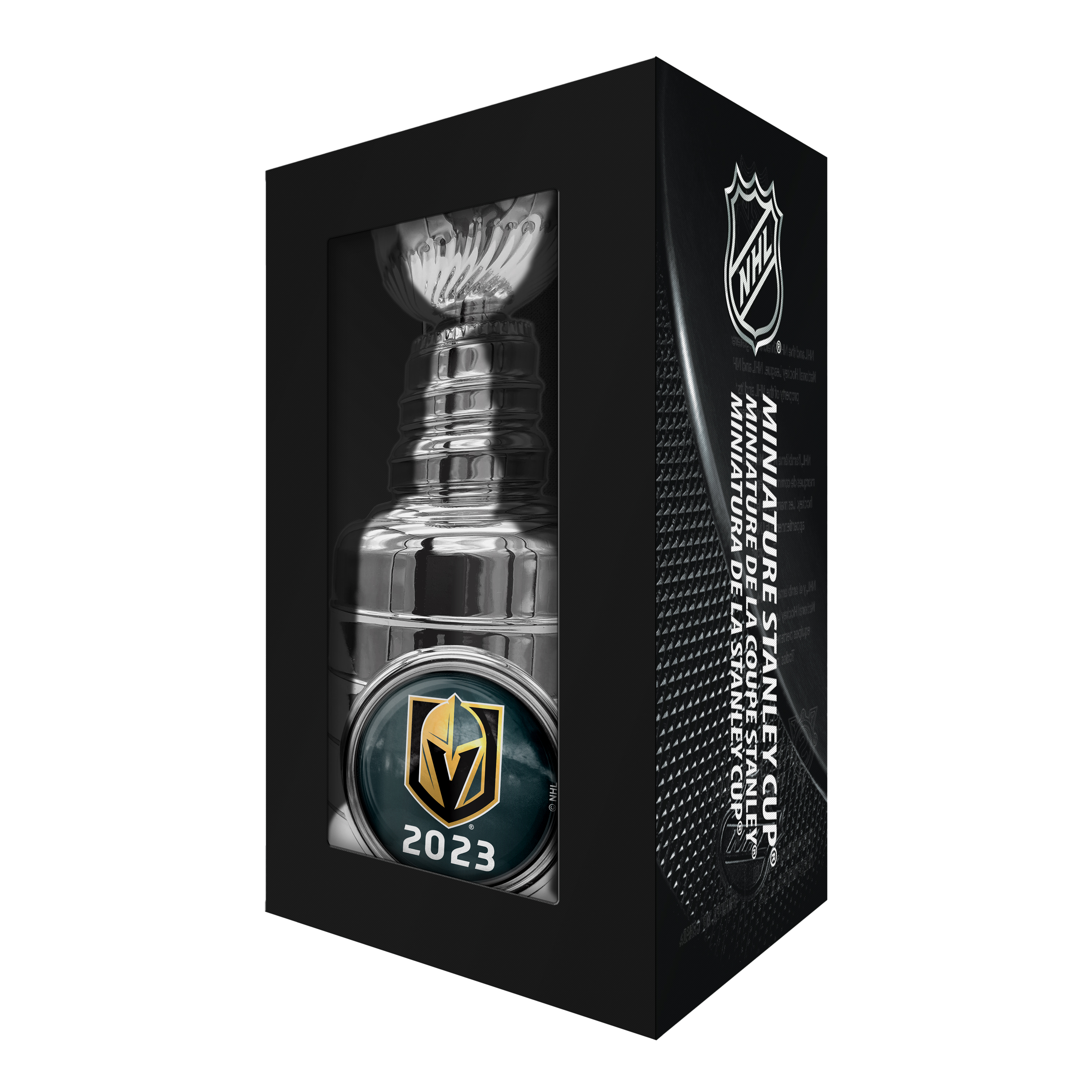 Stanley Cup replica featuring Vegas Golden Knights logo and 2023 championship mark