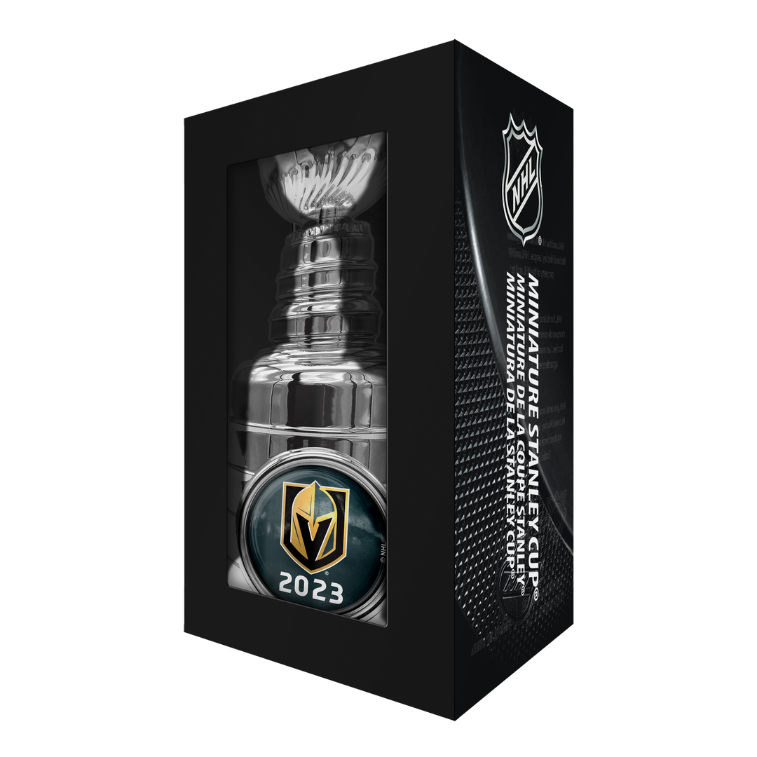 Stanley Cup replica featuring Vegas Golden Knights logo and 2023 championship mark