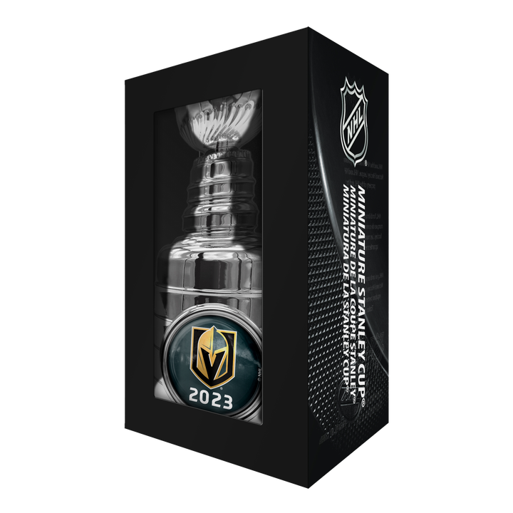 Stanley Cup replica featuring Vegas Golden Knights logo and 2023 championship mark