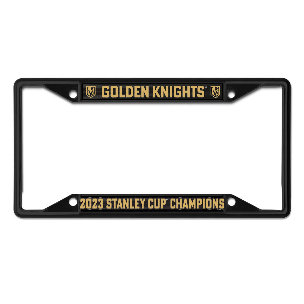 Black Metal License Plate Frame featuring Golden Knights 2023 Stanley Cup Champions text