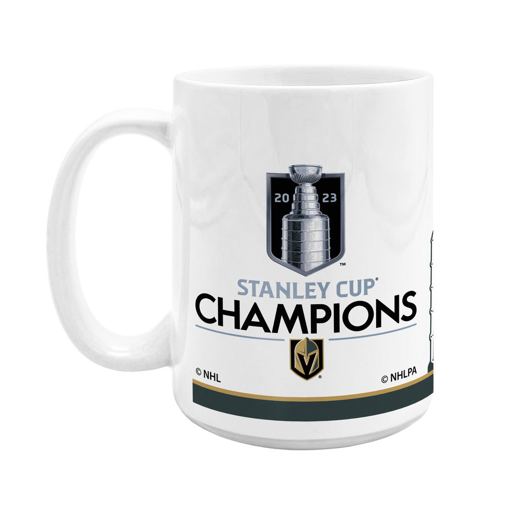 White ceramic mug with Vegas Golden Knights Stanley Cup Champions logo and emblem