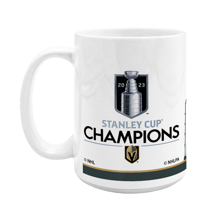 White ceramic mug with Vegas Golden Knights Stanley Cup Champions logo and emblem