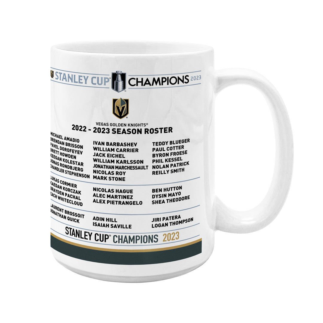 White ceramic mug featuring Vegas Golden Knights 2023 Stanley Cup Champions roster