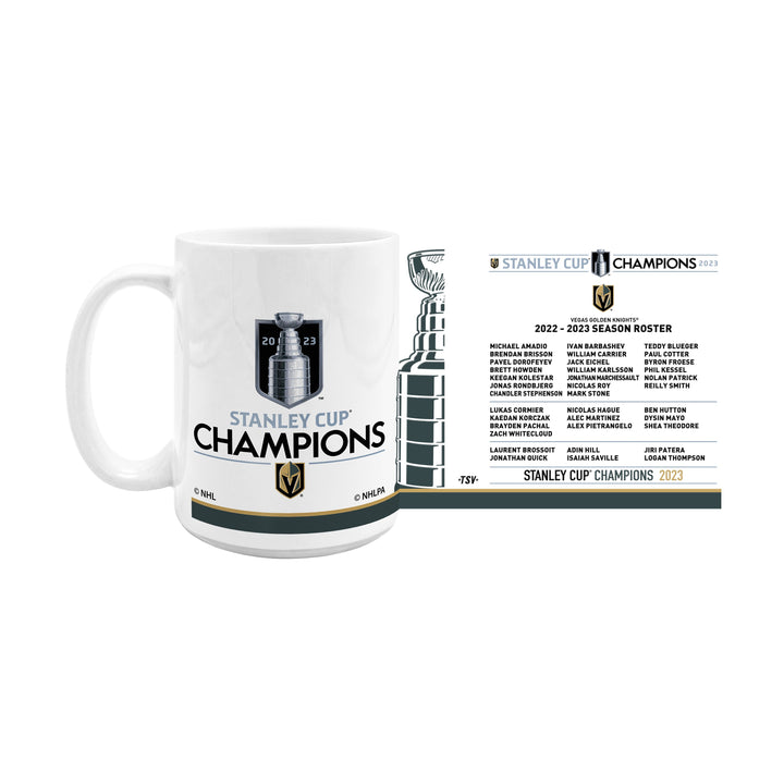 White ceramic mug with Stanley Cup Champions design for Vegas Golden Knights fans