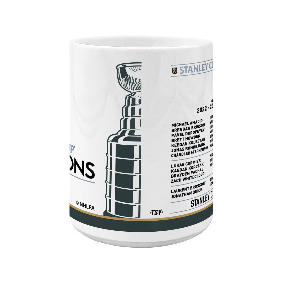 White ceramic mug with Vegas Golden Knights Stanley Cup Champions roster design