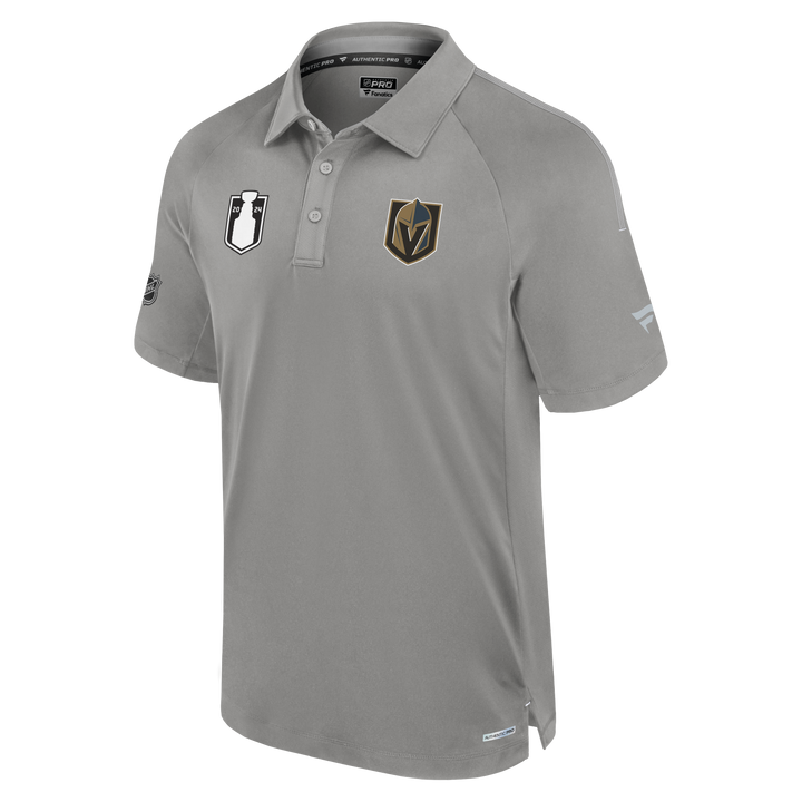 Gray Authentic Pro Polo featuring Vegas Golden Knights logo for Stanley Cup Playoffs