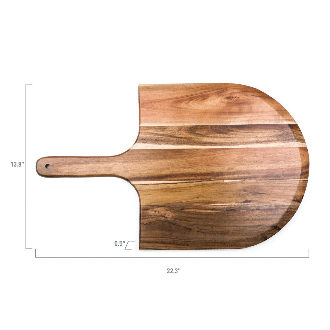 Wood pizza peel made from acacia wood with a rounded shape and handle for serving pizzas