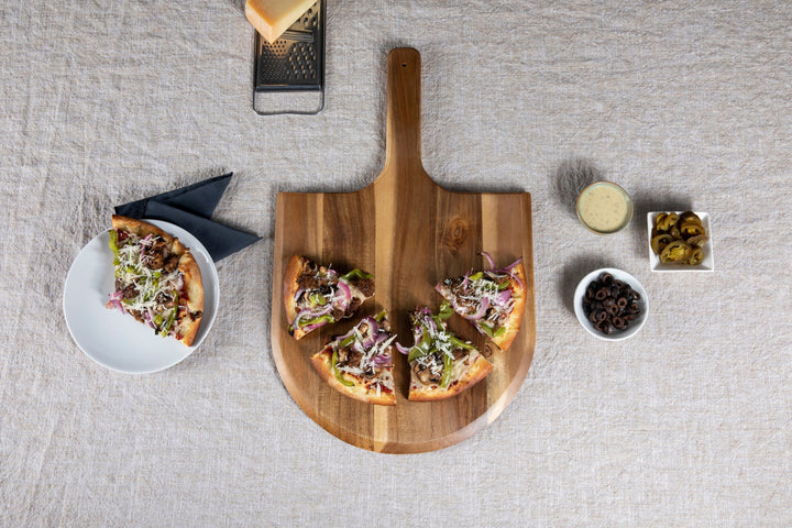 Wood pizza peel showcasing gourmet pizza slices on Vegas Golden Knights Acacia Pizza Peel