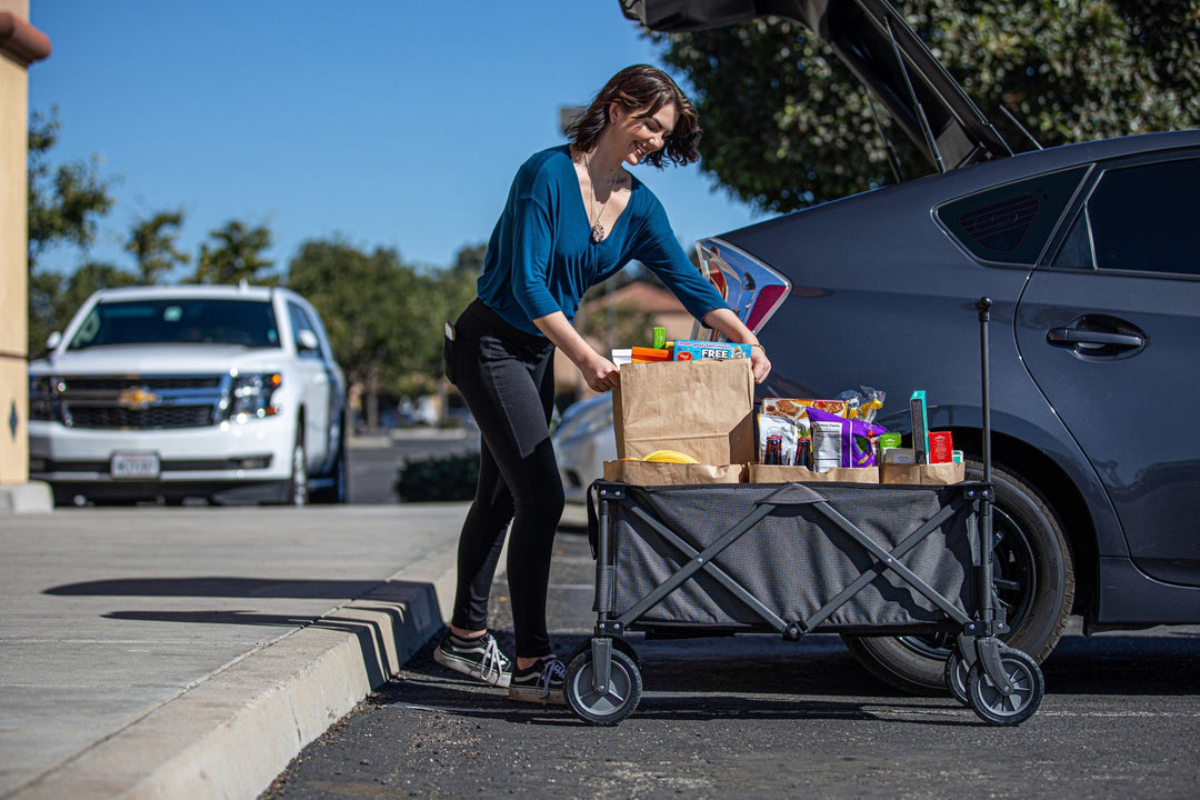 Collapsible utility wagon filled with groceries, Vegas Golden Knights merchandise