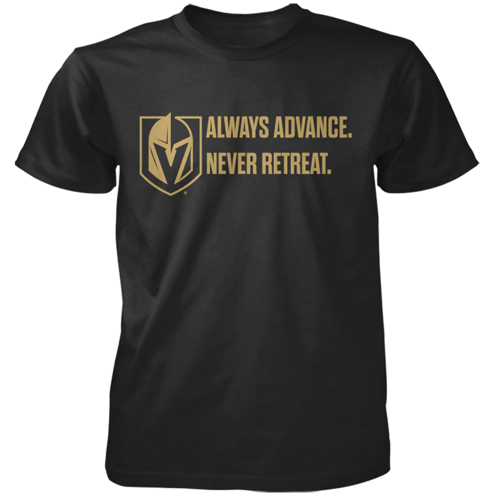 Black Vegas Golden Knights Always Advance Tee with gold text and logo