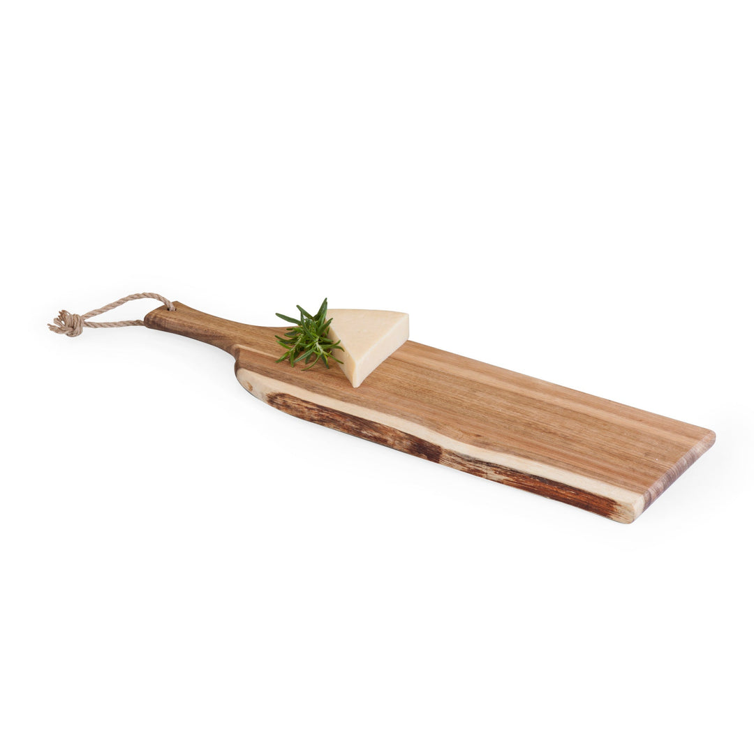 Wooden charcuterie board with rustic edge and rope, Vegas Golden Knights Artisan design