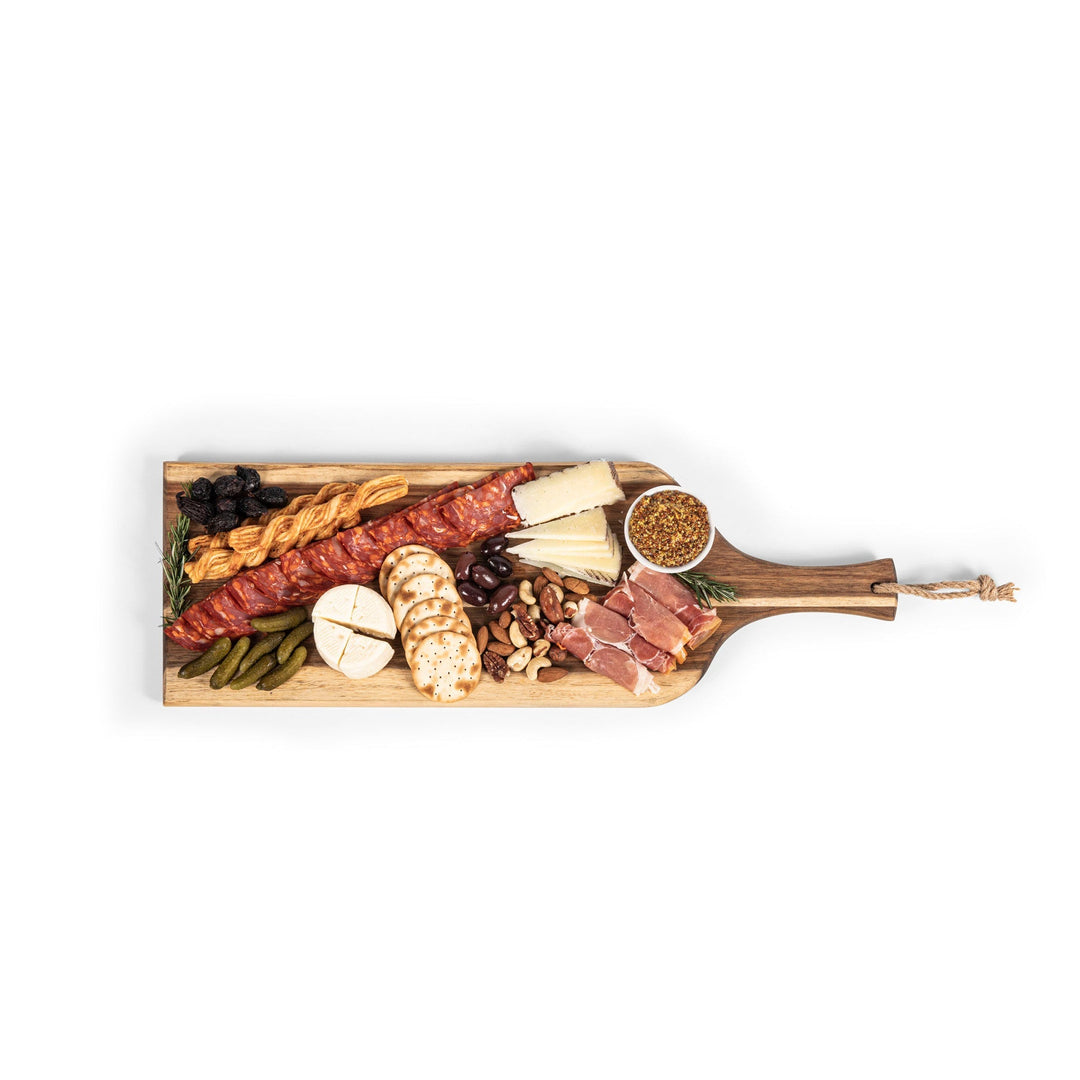 Wooden charcuterie board featuring meats and cheeses, Vegas Golden Knights design