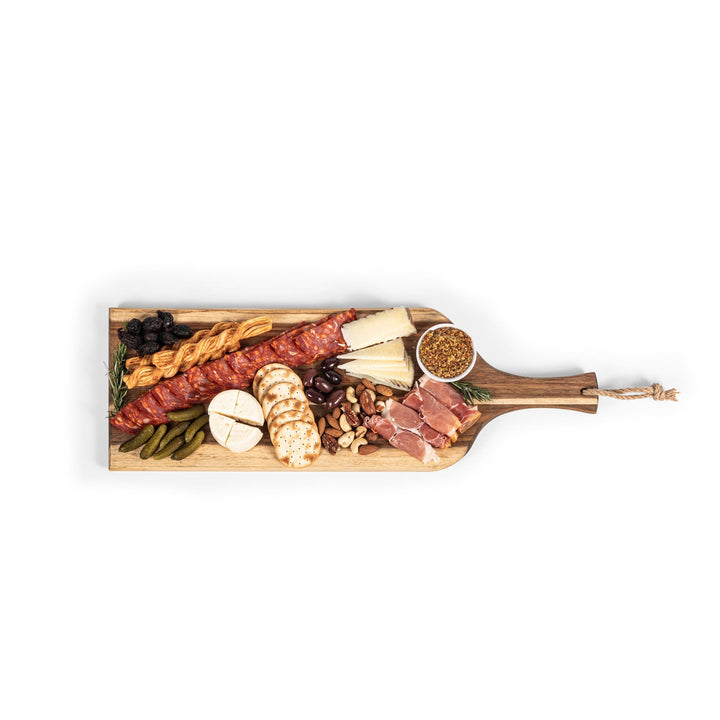 Wooden charcuterie board featuring meats and cheeses, Vegas Golden Knights design