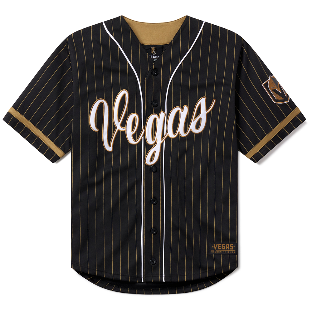 Black pinstriped Vegas Golden Knights Baseball Jersey with white script lettering