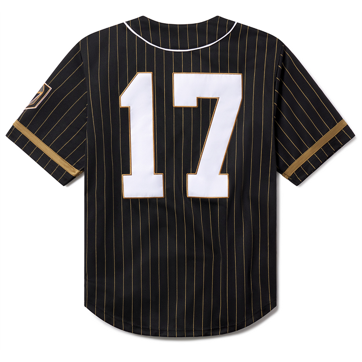 Black pinstriped Vegas Golden Knights Baseball Jersey with number 17 on the back