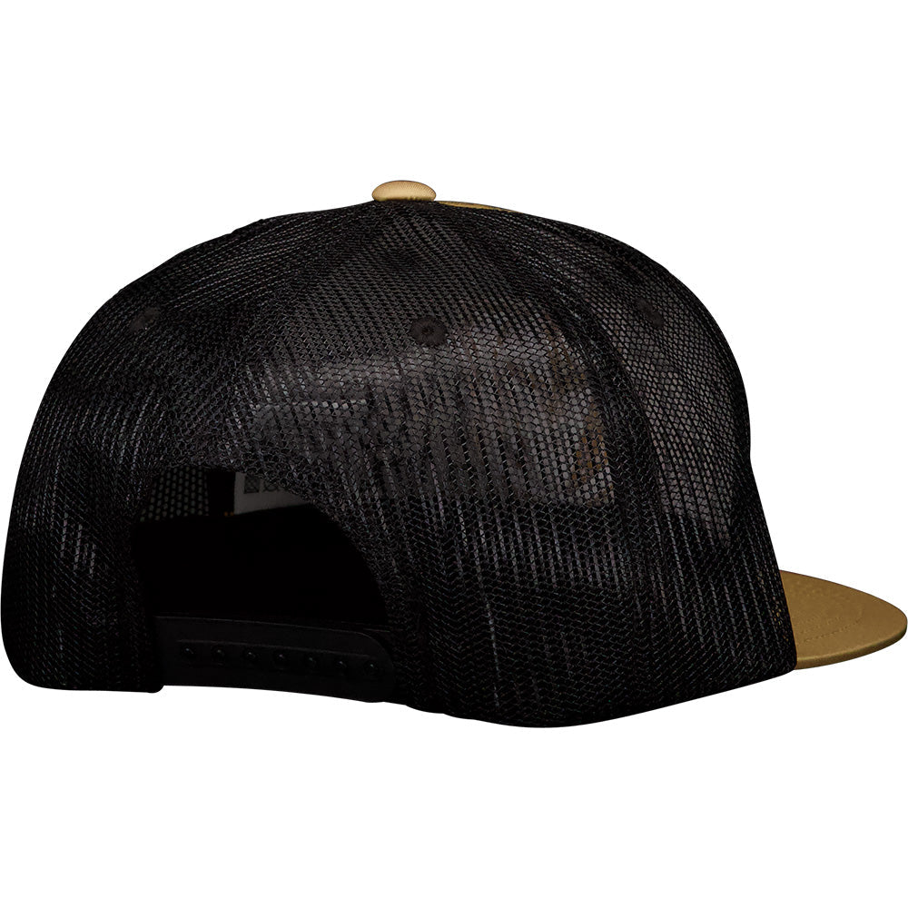 Black and tan trucker cap with mesh back featuring Vegas Golden Knights logo