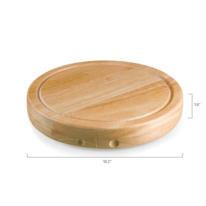 Circular wooden cutting board with grooved edge, part of Vegas Golden Knights Circo Cheese set