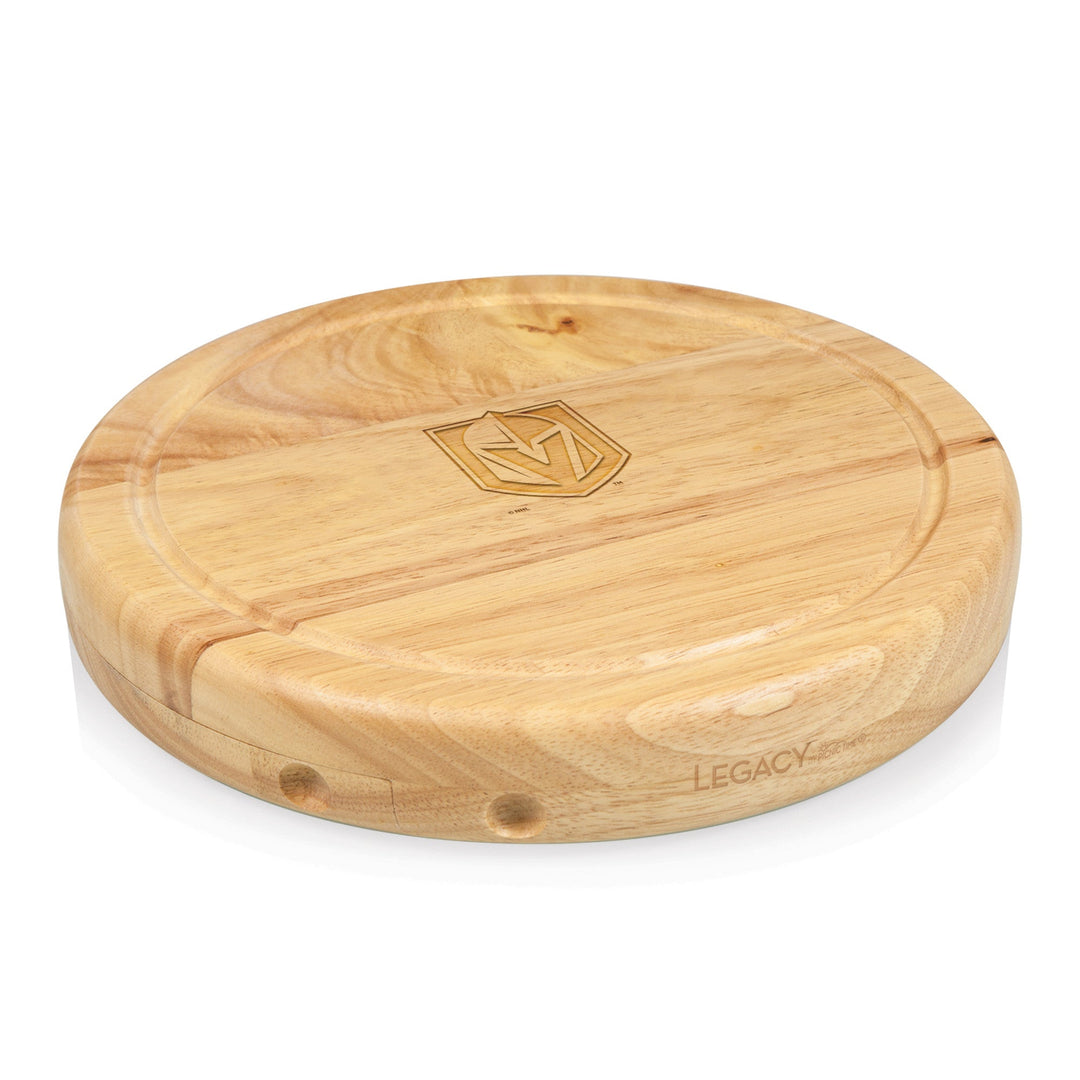 Circular wooden cutting board with juice groove for Circo Cheese and Vegas Golden Knights