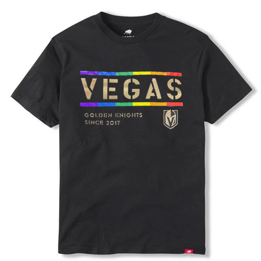 Black Vegas Golden Knights Comfy Jax Pride Tee featuring logo and text on front