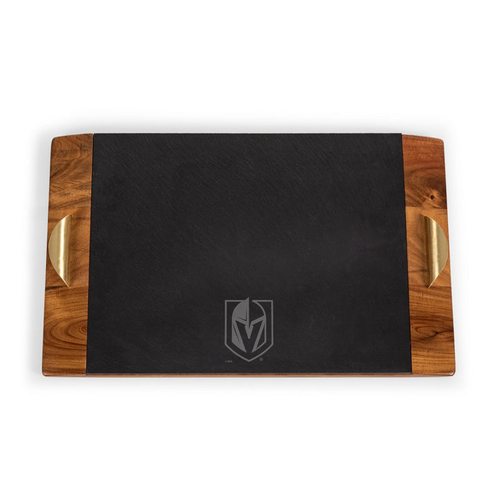 Wooden serving tray with slate insert featuring Vegas Golden Knights logo for charcuterie