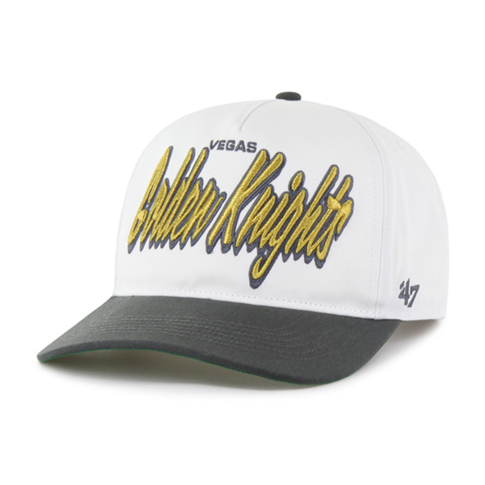 White and black baseball cap with Vegas Golden Knights text, official VGK merchandise