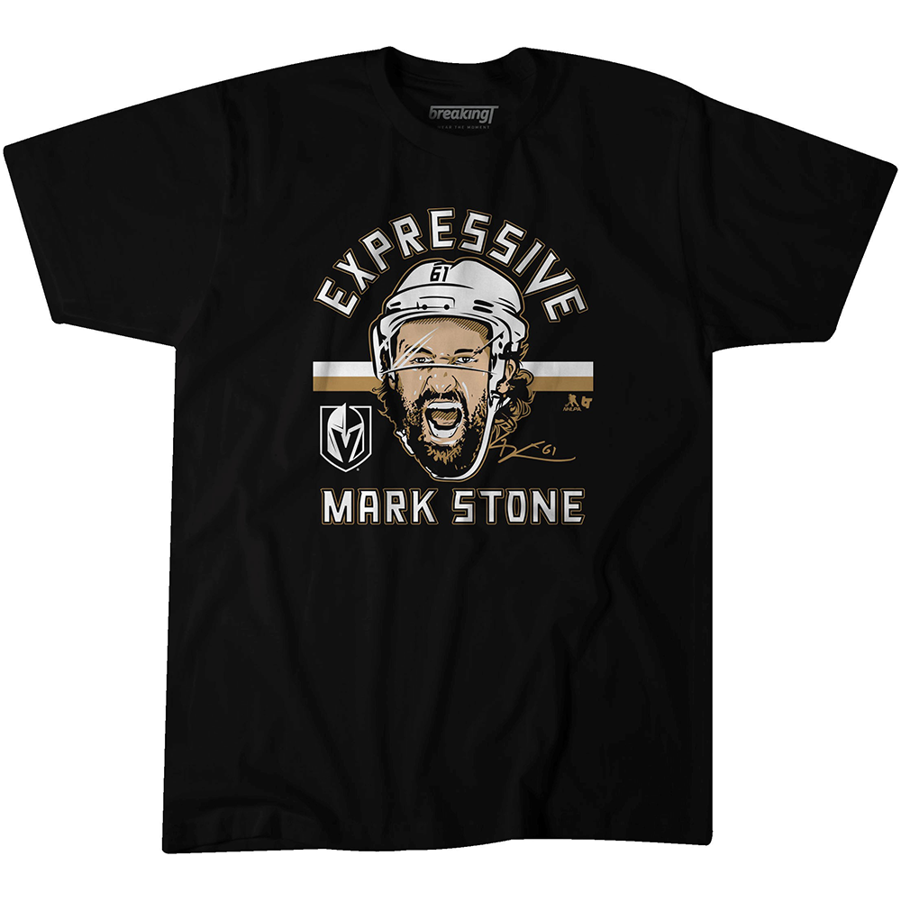 Black Vegas Golden Knights t-shirt with Mark Stone’s face and EXPRESSIVE MARK STONE text
