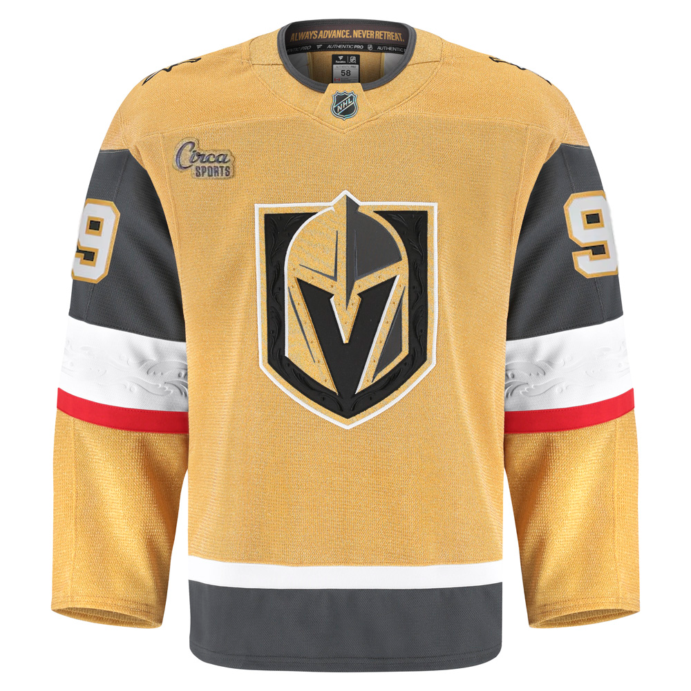 Vegas Golden Knights Fanatics Authentic Pro Jack Eichel Jersey in gold, black, and white