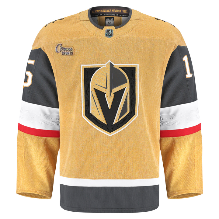 Vegas Golden Knights Fanatics Authentic Pro Noah Hanifin Jersey in gold, black, and white