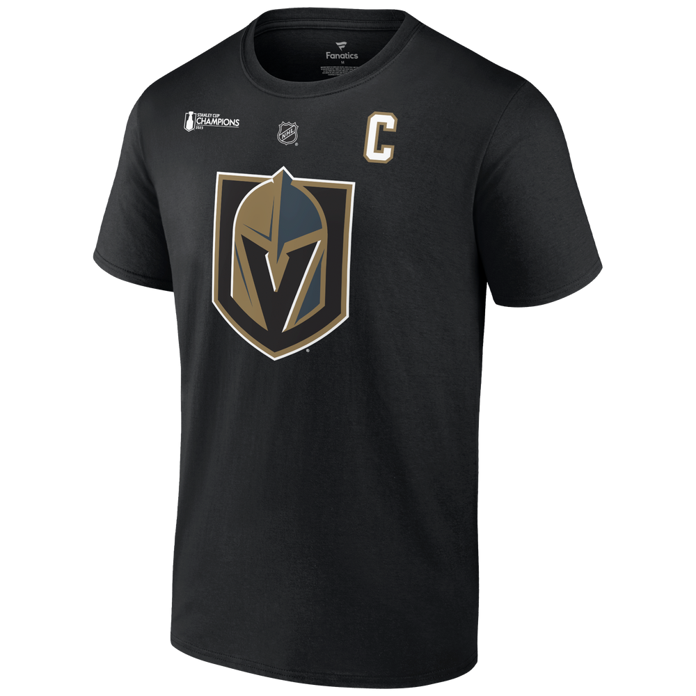 Black T-shirt featuring Vegas Golden Knights logo and captain’s C, official VGK merchandise