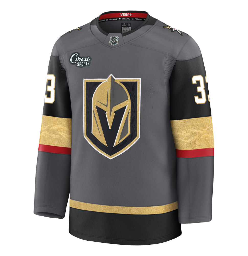 Vegas Golden Knights Fanatics Premium Stitched Adin Hill Jersey in gray, black, and gold