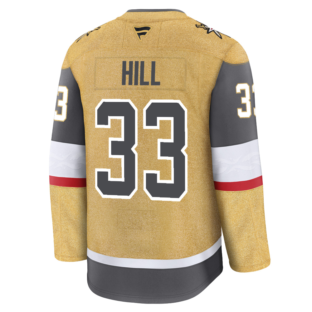 Gold Vegas Golden Knights merchandise jersey with HILL 33 printed on the back