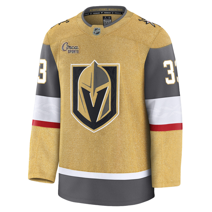 Vegas Golden Knights Fanatics Premium Stitched Adin Hill Jersey in gold, gray, and white