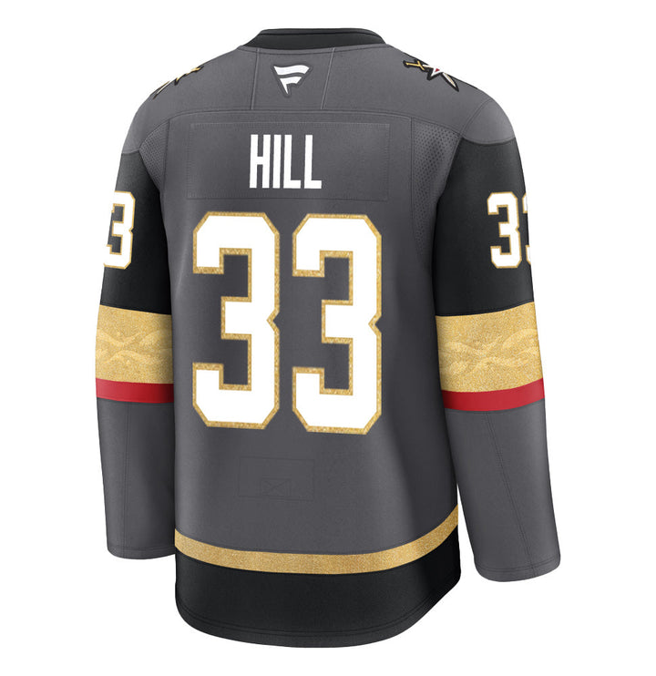 Hockey jersey with HILL 33 in gray, black, gold, and red, official VGK merchandise