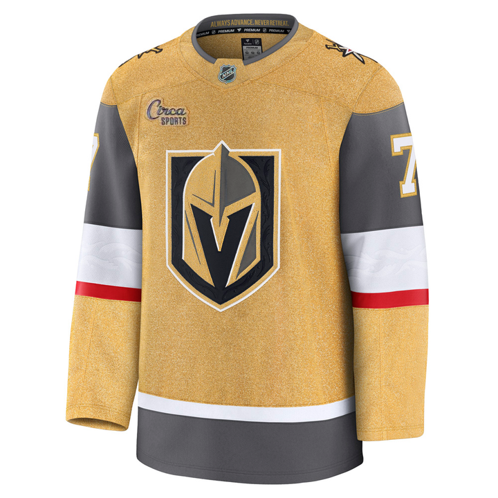 Vegas Golden Knights merchandise featuring Alex Pietrangelo Premium Stitched Jersey in gold, gray, and white