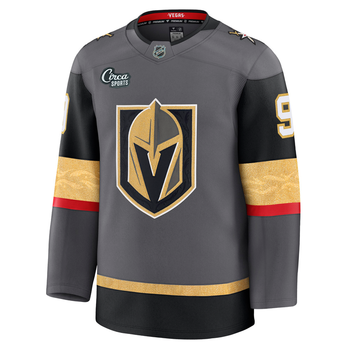 Vegas Golden Knights Fanatics Premium Stitched Jack Eichel Jersey in gray, black, and gold