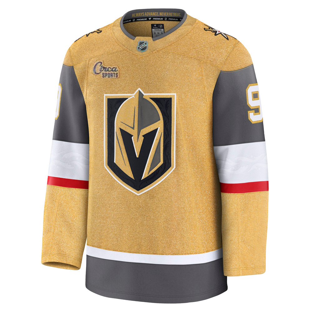 Vegas Golden Knights Fanatics Premium Stitched Jack Eichel Jersey in gold, gray, and white