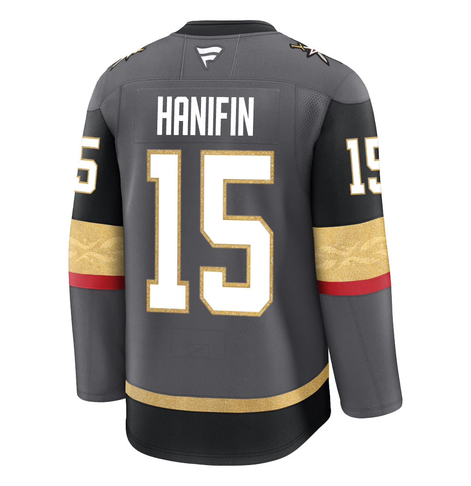 Hockey jersey with Hanifin 15 in gray, black, gold, and red - Official VGK merchandise