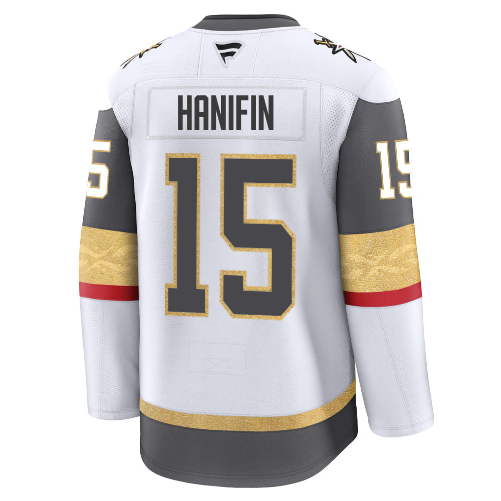 White Noah Hanifin Jersey with 15, gold and red accents, official VGK merchandise