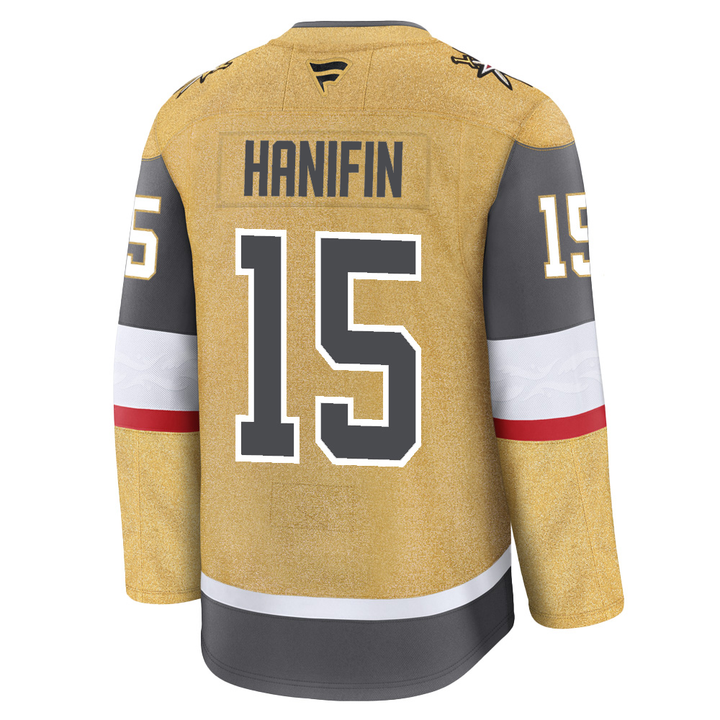 Gold Vegas Golden Knights merchandise jersey with number 15 and name Hanifin on the back