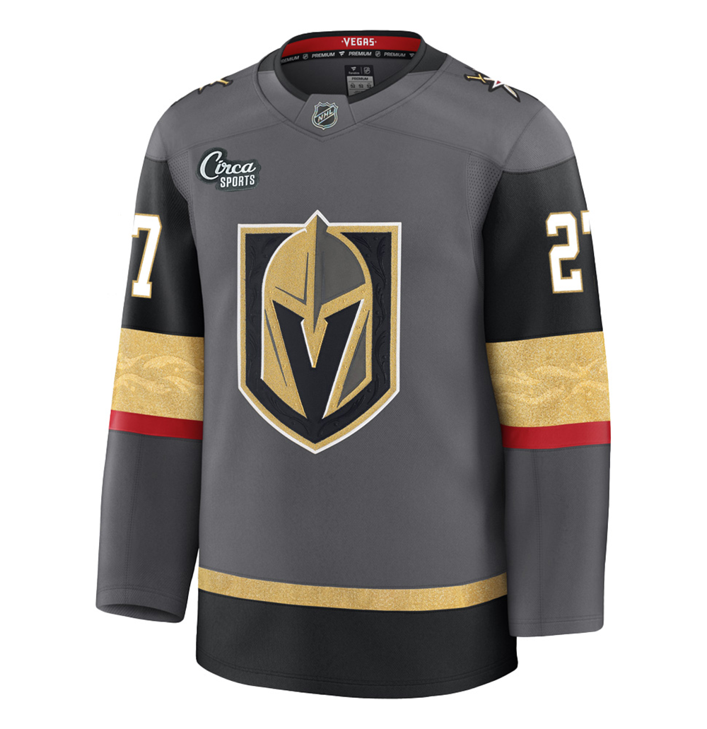 Vegas Golden Knights Premium Stitched Shea Theodore Jersey in gray, black, and gold colors